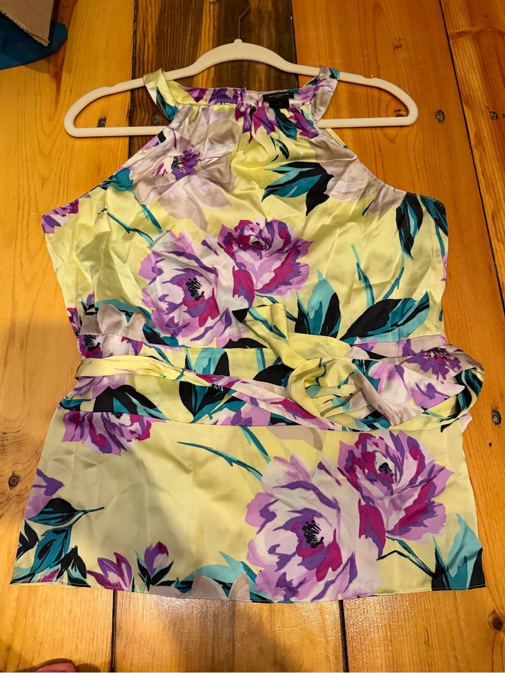 Ann Taylor Yellow Floral Halter Top with Purple and Teal Accents